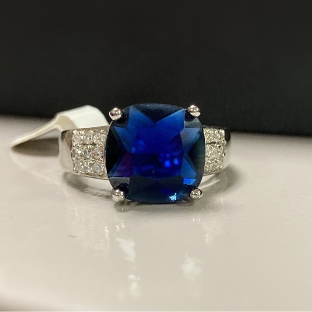 Cushion Cut Blue Stone Ring with crystal accents - Size 8